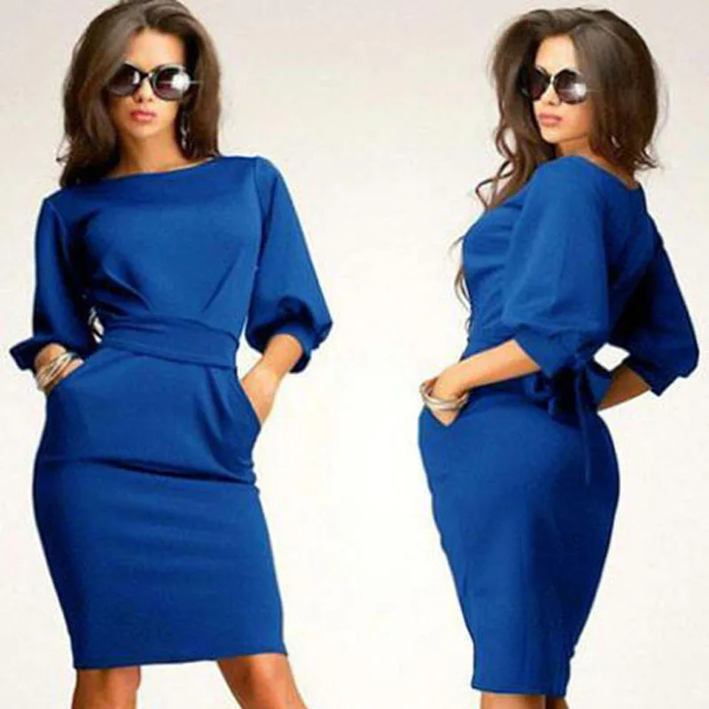 Новое платье Vestidos с О образным вырезом и поясом длиной до колена Женская рабочая