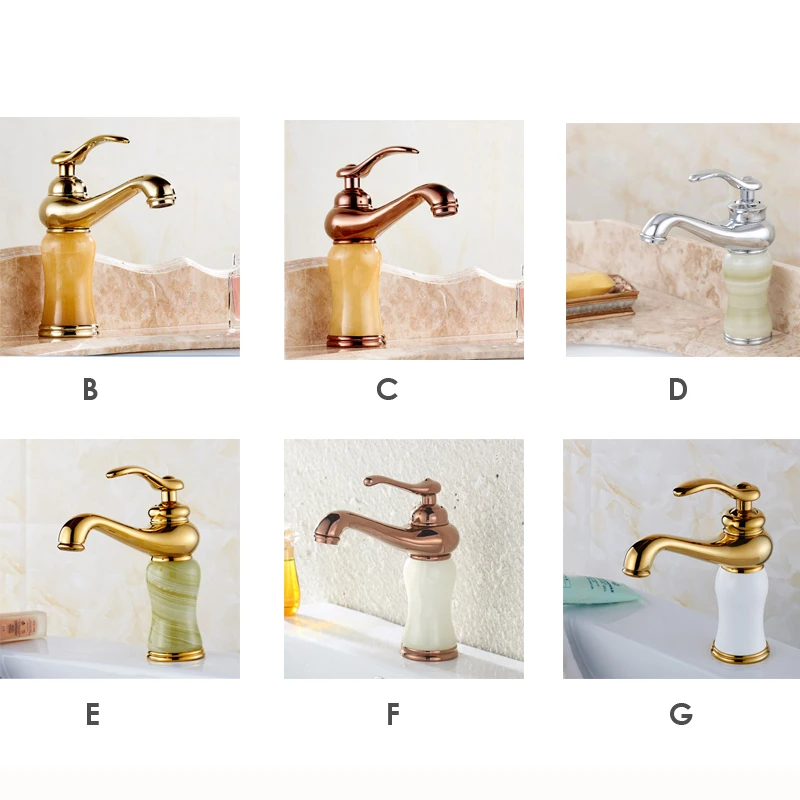 

European Style Basin Faucet Golden Bathroom Faucets Single Handle Cold & Hot Mixer Sink Faucet with Stone Decoration