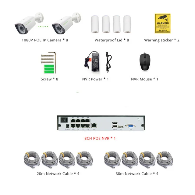 2MP POE NVR Kit с 8 шт. IP камеры ИК P2P наружного видеонаблюдения комплект 1 ТБ 2 HDD 8CH 1080 P