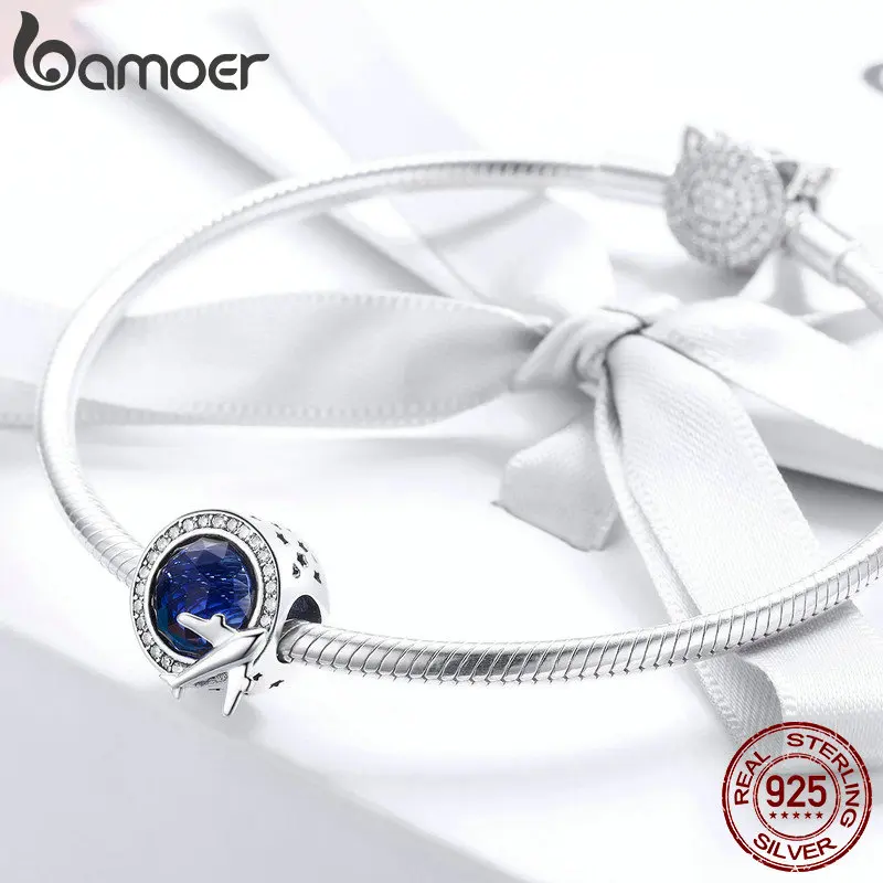BAMOER, настоящее 925 пробы, серебро, Круглый, Глобал, самолет, амулеты, синий CZ бисер, подходят для женщин, браслеты, ожерелья, сделай сам, изготовление ювелирных изделий SCC895