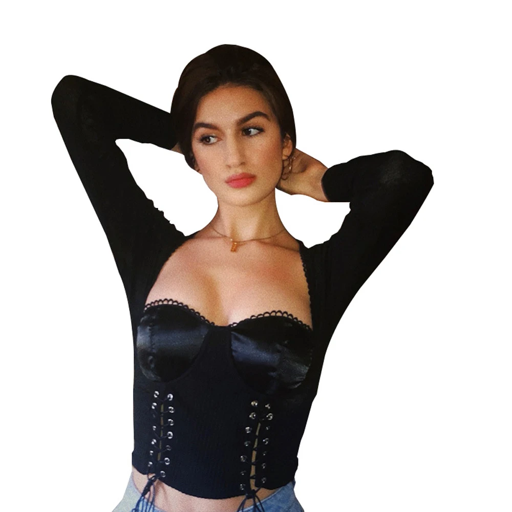 Sexy Low-cut Lace Up Black White Long Sleeve Crop Tops Elegant Soft Base Shirt Wild Vintage Slim T-shirt | Женская одежда