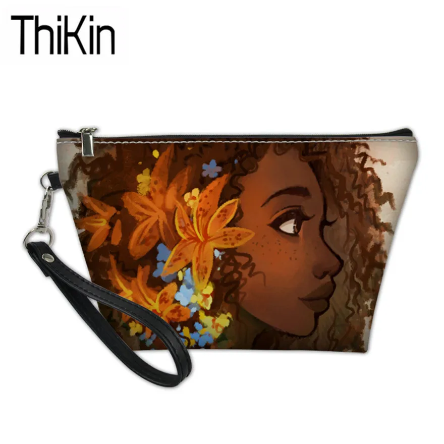 THIKIN Black Art Африканский девушка печать набор для чистки сумки для женщин роскошный дизайн косметический чехол Дамская PU кожаная косметичка женщин