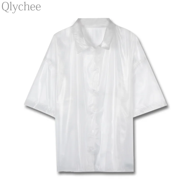 Qlychee однотонная Прозрачная ПВХ блузка короткий рукав кнопка отложной воротник