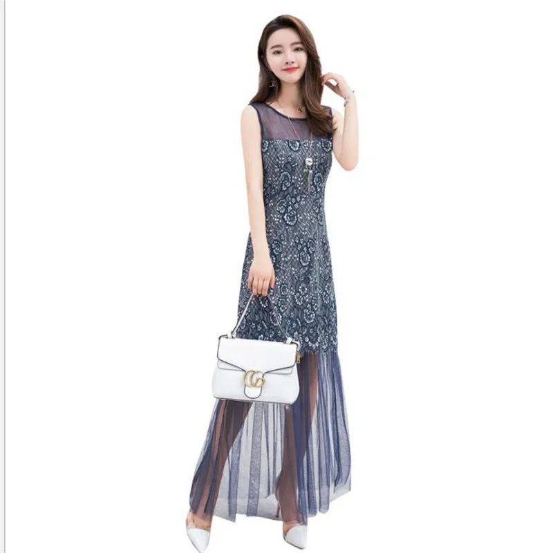 

Sexy Summer Women Lace Beach Ankle-Length Dress 2019 O-Neck Sleeveless Women Empire Patchwork Mesh Dress Slim Fashion Dress Q230