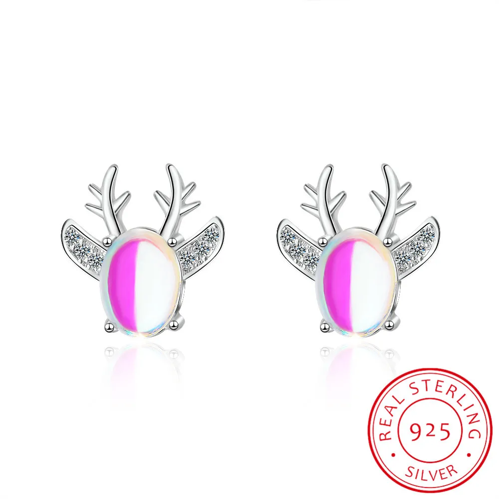 

100% 925 silver needle Cute Elk Deer Antlers Natural Stone Moonstone Stud Earrings For Women Simple Fashion Party Jewelry