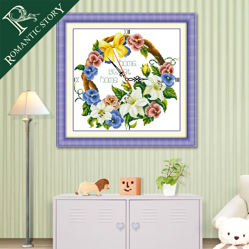 

Romantic Story Clock Lily Garland Flower Decorations Cross Stitch Needlework DIY 11CT Printing Cross Stitch for Embroidery Kits