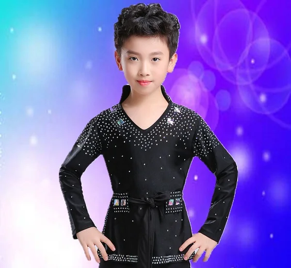 BLACK LONG SLEEVE Топ для латинских танцев для мальчиков, штаны, стразы, бальная рубашка для занятий танцами, Самба Румба, ча-ча, одежда для выступлений, одежда для танго, тренировочная одежда DC1153 - Цвет: BLACK LONG SLEEVE