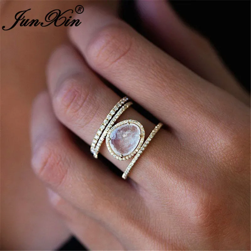 JUNXIN Бохо Rainbow опал кольца для Для женщин Для мужчин серебро/14KT Rose Gold Filled Овальный Лунный камень кольцо женские свадебные стекируемые миди кольцо