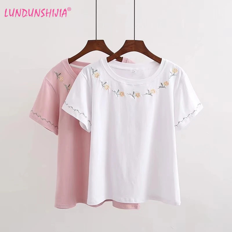 Женская футболка LUNDUNSHIJIA белая/розовая с коротким рукавом и круглым вырезом |