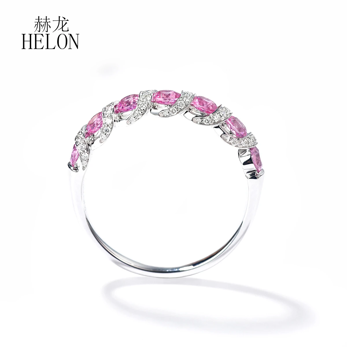 

HELON Solid 14k White Gold Certified Round 0.85ct Natural Pink Sapphire & diamonds Engagement Ring Women Wedding Trendy Jewelry