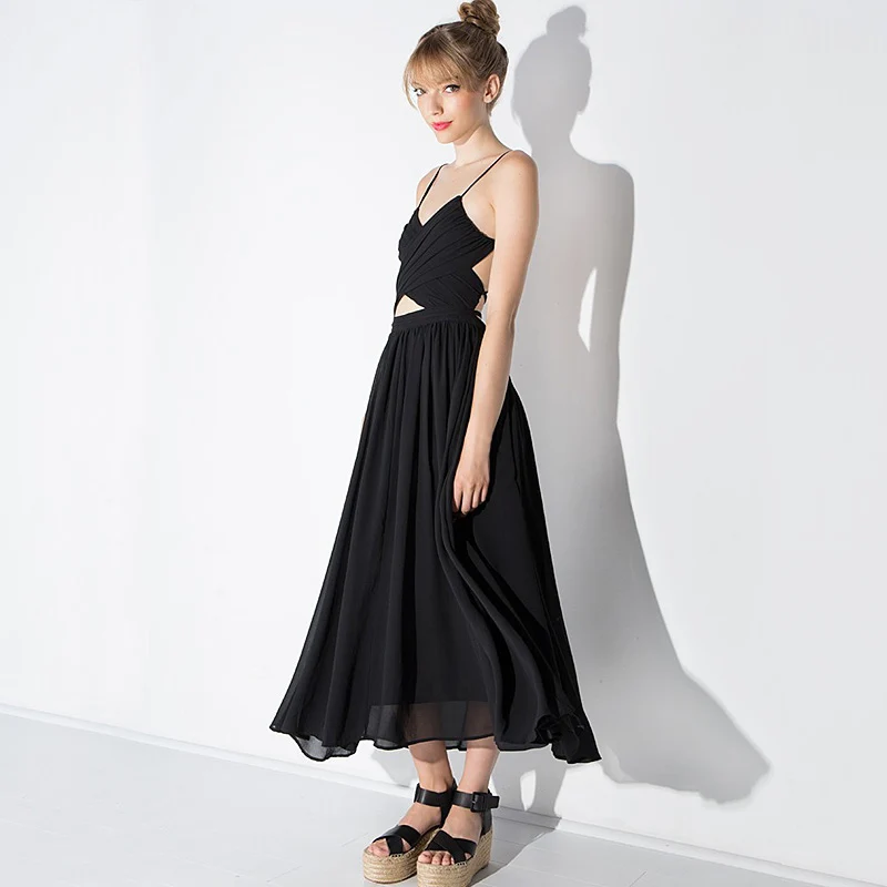 Summer dress women black sexy backless strap long dresses ladies sleeveless chiffon high waist slim thin female ZD2151 | Женская одежда