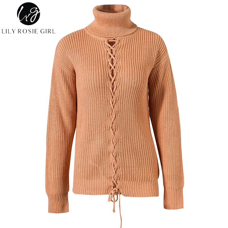 Lily Rosie Girl Sexy Lace Up Women Sweaters White Turtleneck Pullovers 2018 Autumn Winter Khaki Jumpers Knitted Sweater | Женская одежда