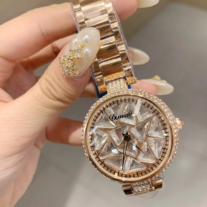 Rose Gold Clear Благородные соответствующие черные зеленые часы для женщин сверкающие кристаллы часы креативные спиннинговые треугольные циркониевые наручные часы водонепроницаемые - Цвет: Rose Gold Clear