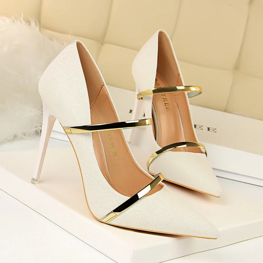 

Women Pumps Shoes Fashion Sequined Cloth Solid Pointed Toe Slip-On 10.5cm Thin High Heels Shallow Lady Sexy Club Female Shoes