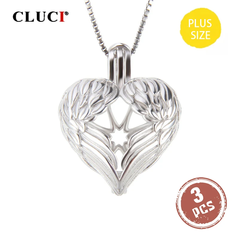 CLUCI 3 шт. большое Серебро 925 крылья Ангела сердце Подвески Подвесные женские украшения 925 Серебряный медальон для 14 мм Жемчуг