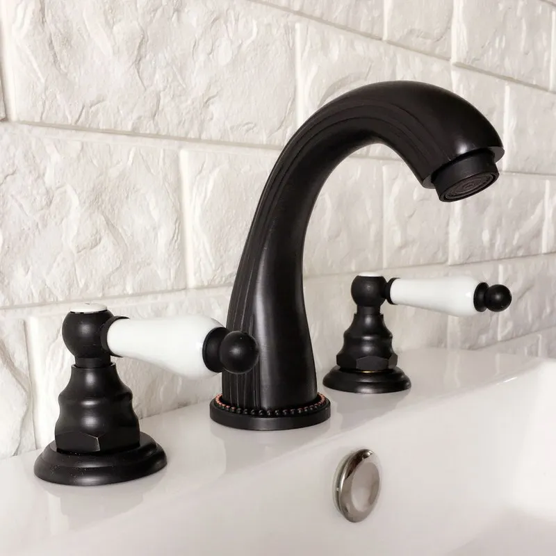 

Black Oil Rubbed Brass Widespread Dual Handle Bathroom Washing Basin Mixer Taps Deck Mounted 3 Holes Lavatory Sink Faucet ahg062