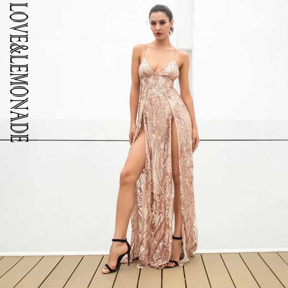 Женское платье с блестками LOVE & LEMONADE золотистое длинное глубоким V образным