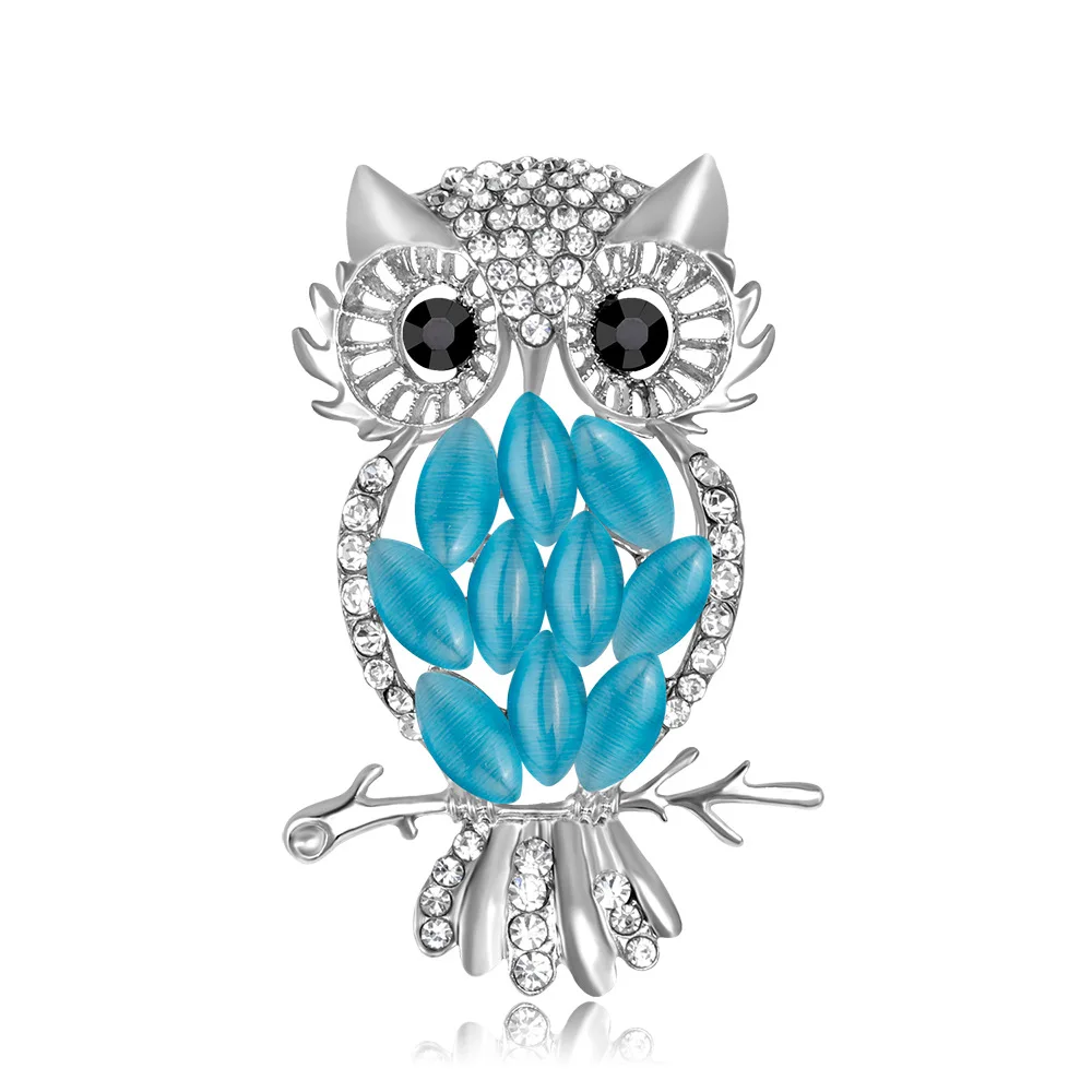 Blue Size 5.7x3.5 cm Высокое качество модные украшения Шипованный Кристалл кошачий глаз камень Стразы Сова Брошь в виде птицы Броши для женщин - Окраска металла: Blue Size 5.7x3.5 cm