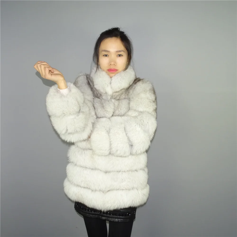 Real Nature White Blue Fox Fur Vertical stripes patchwork stripe coat outwear long jacket parka Winter Trench Stand up Collar | Женская