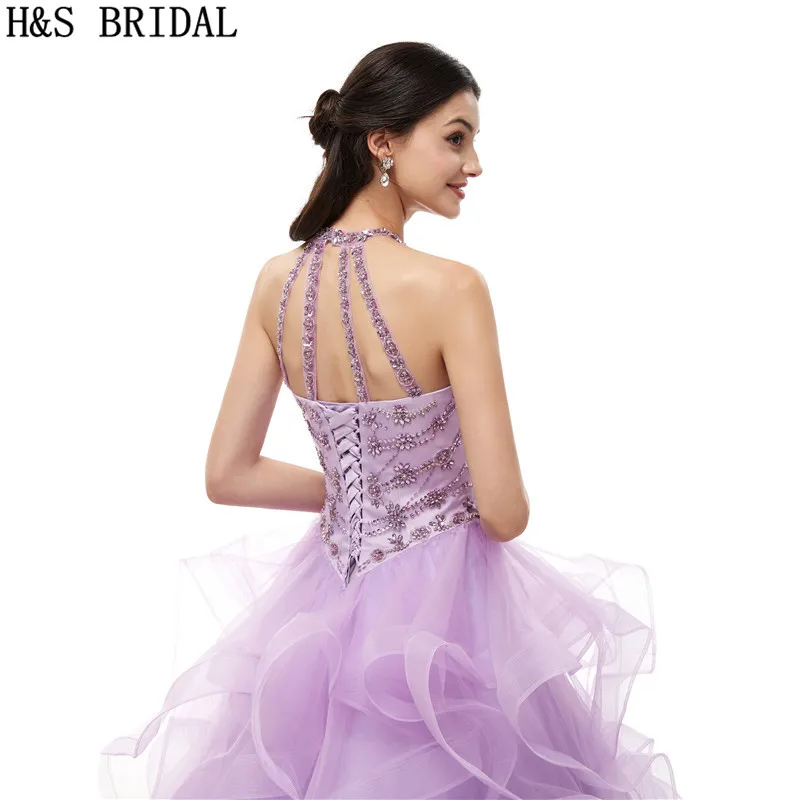 H & S/свадебное платье с лямкой на шее Сиреневое бисером бальное vestidos de 15 anos quinceanera