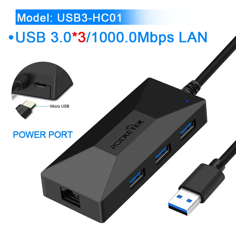 Rocketek USB гигабитный Ethernet адаптер 1000 Мбит/с Тип c концентратор 3,0 Lan для Xiaomi Mi Box 3/S Android tv телеприставка сетевая карта Rj45 - Цвет: USB3-HC01