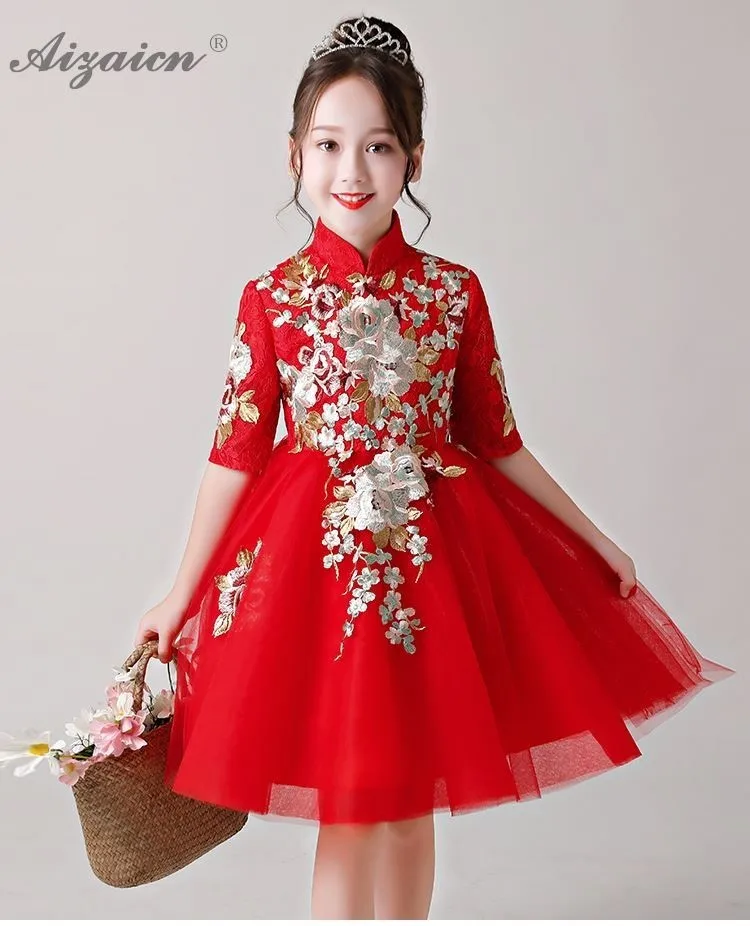 Детская одежда Cheongsam детское платье кружевное платье Ципао красного цвета принцесс вечерние платья с вышивкой в китайском одежда на год Qi Pao