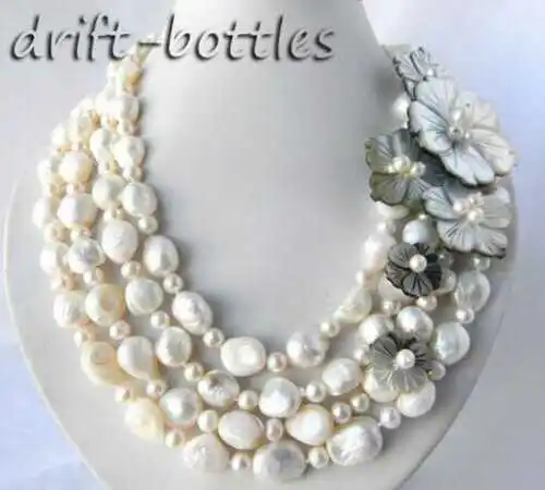 

4Strands 18'' 13mm White Round Baroque Freshwater Pearl Shell Flower Necklace
