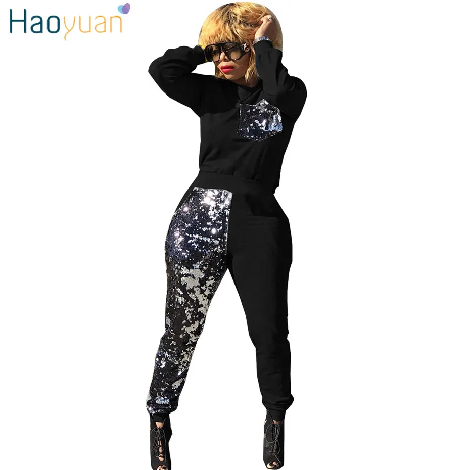 HAOYUAN комплект из двух предметов с блестками, женские спортивные костюмы, толстовки с капюшоном, топ и штаны, осенне-зимняя Клубная одежда, спортивный костюм из 2 предметов, одинаковые комплекты