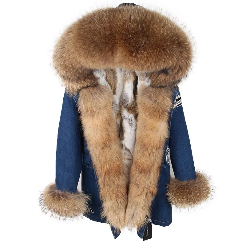 C2 raccoon fur cuff Deri Ceket, женские зимние роскошные длинные джинсовые парки с воротником из натурального Лисьего меха, женские повседневные джинсовые куртки - Цвет: C2 raccoon fur cuff