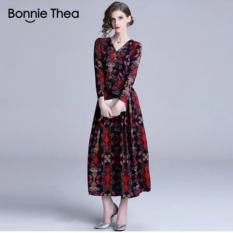 Женское платье с цветочным принтом Bonnie Thea Осеннее Элегантное Длинное винтажное