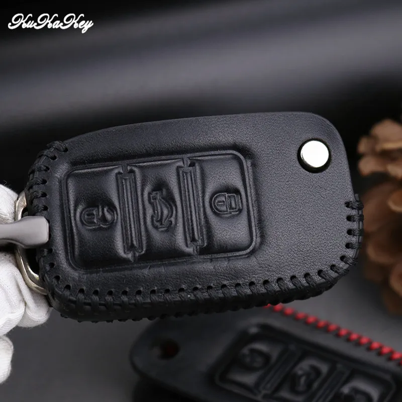 Кожаный чехол для автомобильного ключа VW с 3 кнопками Volkswagen Bora Beetle Golf Polo Passat Remote Flip