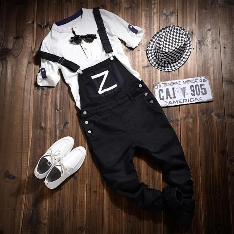 Новинка 2017 мужской модный джинсовый комбинезон с принтом для подростков Черный