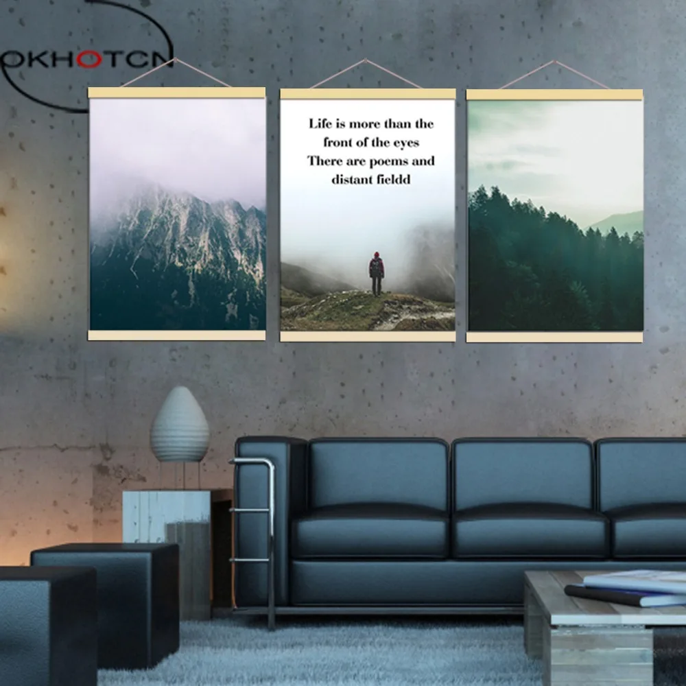 

OKHOTCN Nordic Wall Art Painting Framed Mountain Landscape Canvas Painting Inspiring Quotes Nature Scenery For Living Room Decor
