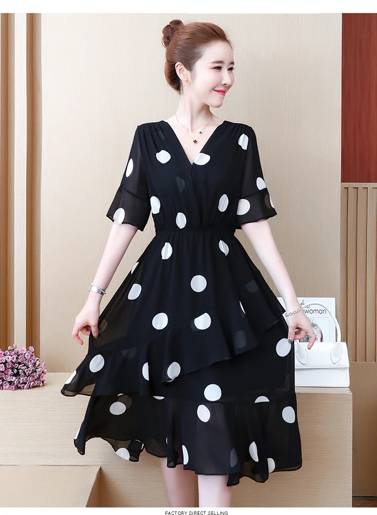 Женское шифоновое платье в горошек с V-образным вырезом размеры XXL XXXL 3XL XXXXL 4XL |