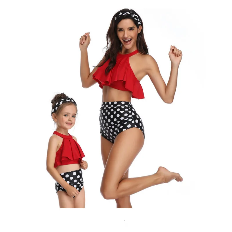 One Piece Swimsuit Mother and Daughter Printing piece double lotus leaf Parent-Child Swimwear Matching Family Outfits | Мать и ребенок
