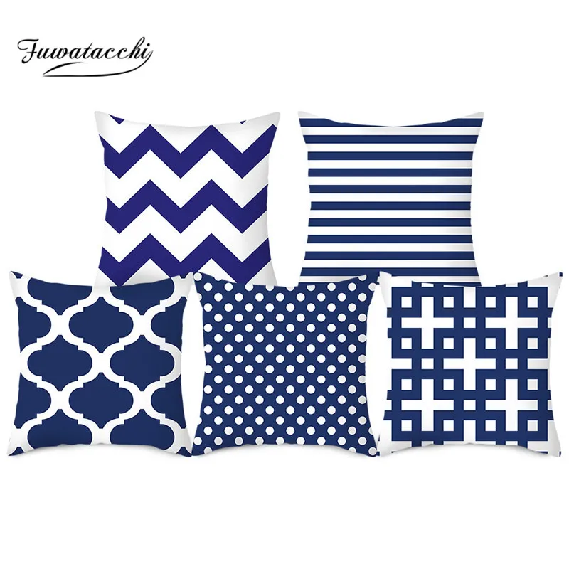 Черно белая Геометрическая Подушка Fuwatacchi синяя наволочка для домашнего дивана