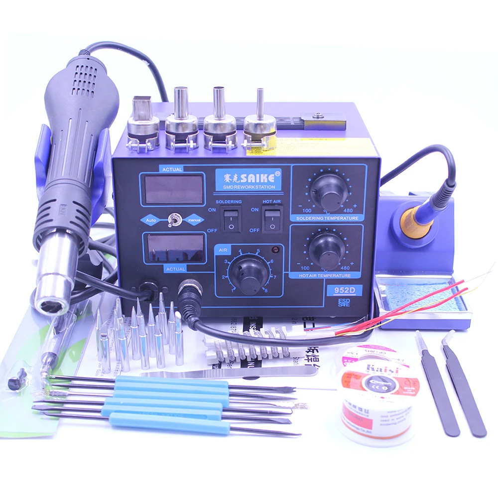 Saike 952D 2 в 1 цифровой дисплей 750 Вт фена паяльная станция паяльная Сварка Электрический паяльник со множеством бесплатных подарков