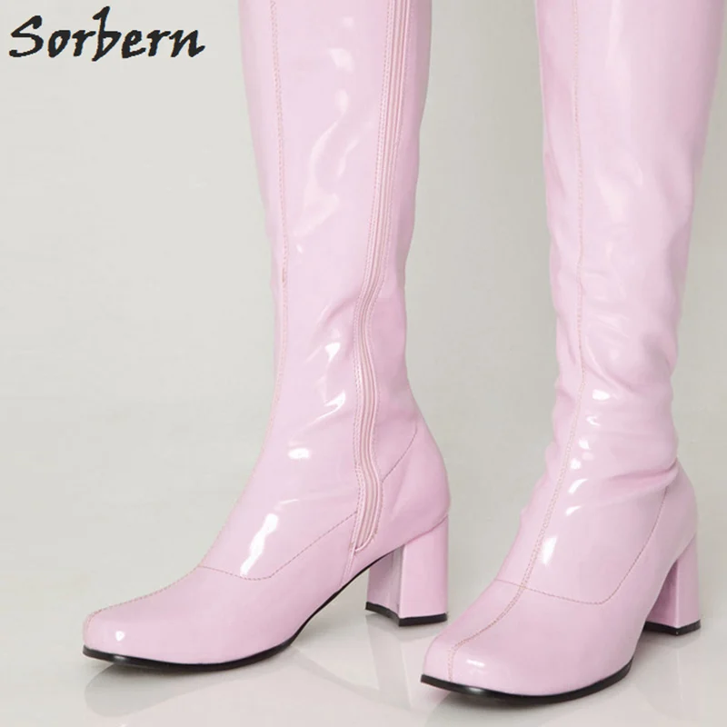Pink Shiny Sorbern Custom расклешённые сапоги женские квадратные носки 70 S GOGO сапоги женские до середины бедра высокие сапоги блочный каблук старинная обувь на квадратном каблуке - Цвет: Pink Shiny