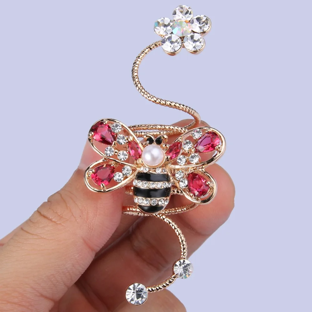 

Tuliper Floral Bee Rings Animal Cocktail Ring Pink Austrian Crystal Pearl Gold Tone For Women Party Jewelry Girl Gifts