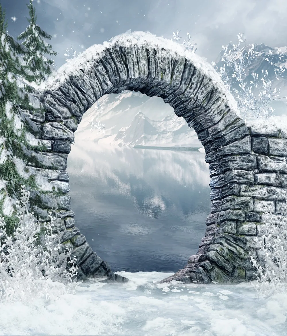 Capisco backdrop for photographic studio winter Snow mountain lake Stone arch Christmas scenery background photobooth photocall |