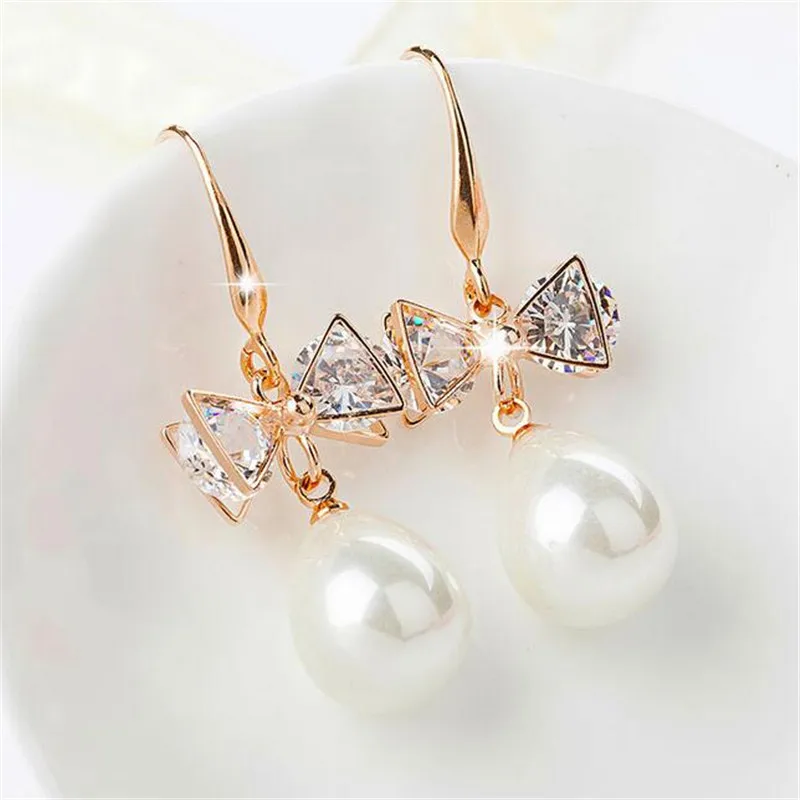 1 пара/лот модные висячие серьги из розового золота с кристаллами и бантом