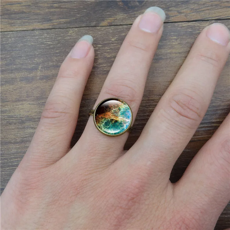 Vintage female ring Galaxy Space Glass Cabochon Fashion Jewelry Ancient bronze Adjustable Rings for Women Gifts | Украшения и