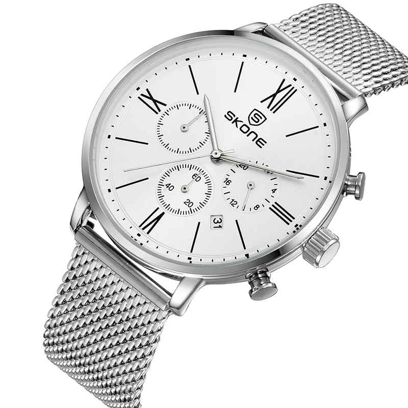 SKONE модные часы с хронографом Мужские кварцевые сетчатым ремешком 3 циферблата 6