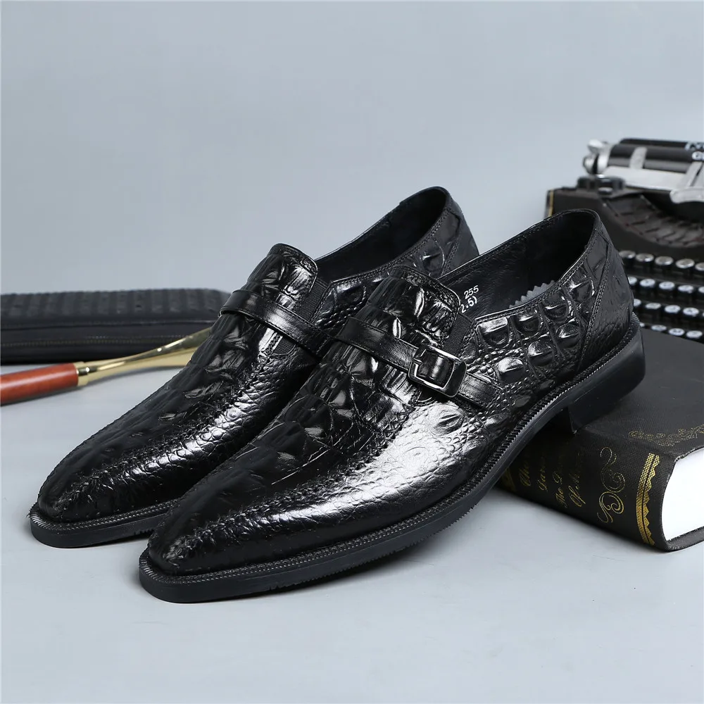 Crocodile Grain Black / Tan Hand Made Mens Dress Shoes Genuine Leather Wedding Male Business With Buckle | Обувь