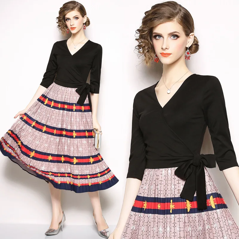 Womens Woman Vintage Designer V-neck Patchwork Printed Pleated Runway Slim Ladies Wear Cocktail Party Swing Dress Dresses N9644 | Женская