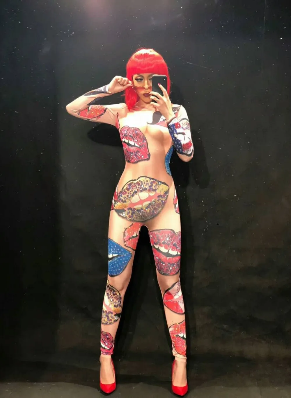 Women New Angel Kiss 3D Printing Naked Sexy Jumpsuit Nightclub Party Bodysuit Stage Wear Dancer Singer Performance Clothing |