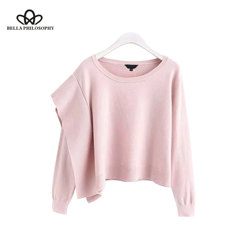 Bella Philosophy women sweet ruffled knitted sweater long sleeve o neck stretchy pullovers female short style pink cute tops 