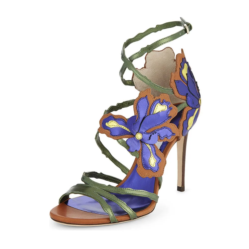 

sandales femme 2018 nouveau Vintage flower mixed colors summer sandals narrow band high heels sandals women ankle buckle shoes