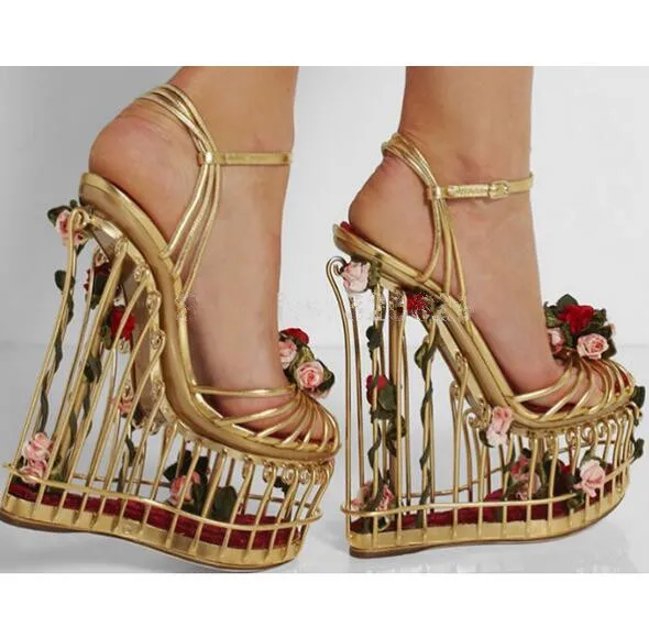 

Summer Luxury Special Bird Cage Fretwork Heels 3D Rose Decorated Platform Wedges Sandals Dress Runway Shoes Slingback Ladies