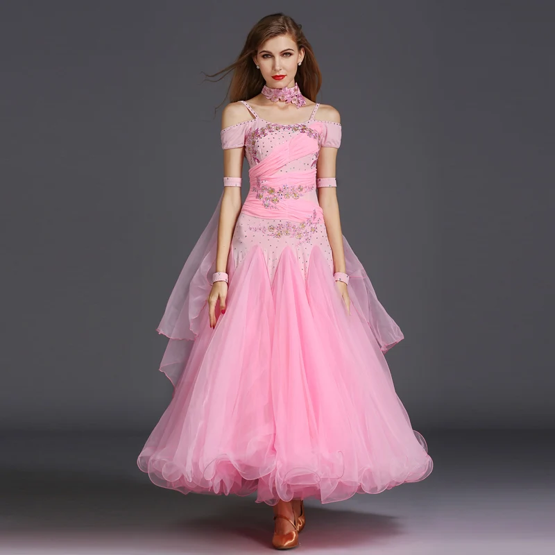 Pink 4 шт. платье для вальса, платья для конкурса бальных танцев, стандарт для танцев на заказ, Женский танцевальный вальс, костюм для выступлений, B-6156 - Цвет: Pink